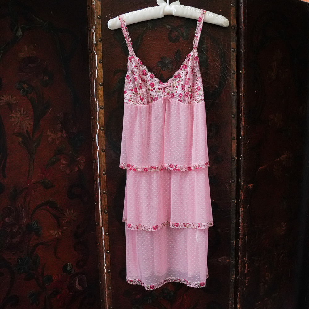 Ruffle Babydoll Slip Dress Pink Floral Lingerie Medium
